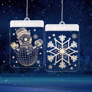 Vianočná svetelná dekorácia do okna SNEHULIAK A VLOČKA, súprava 2 ks