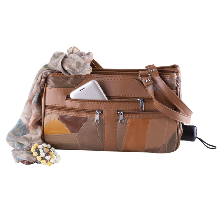 Dámska kabelka s vreckom na dáždnik hnedý patchwork